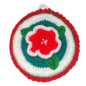 Vintage Crochet Potholder – Red Flower Center, Green White Red Holiday Colors